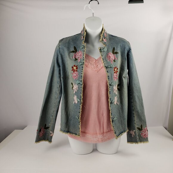INC Concepts Petite P Denim Jacket Embroidered Flowers Womens Frog Closure Coat - Picture 3 of 16